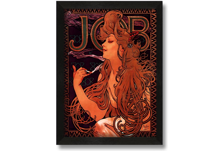 Framed print of Alphonse Mucha's Job artwork, showcasing intricate details and vibrant colors, available in various frame colors.