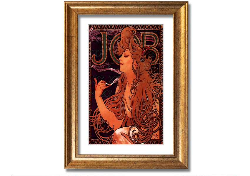 Framed print of Alphonse Mucha's Job artwork, showcasing intricate details and vibrant colors, available in various frame colors.