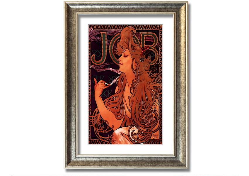 Framed print of Alphonse Mucha's Job artwork, showcasing intricate details and vibrant colors, available in various frame colors.