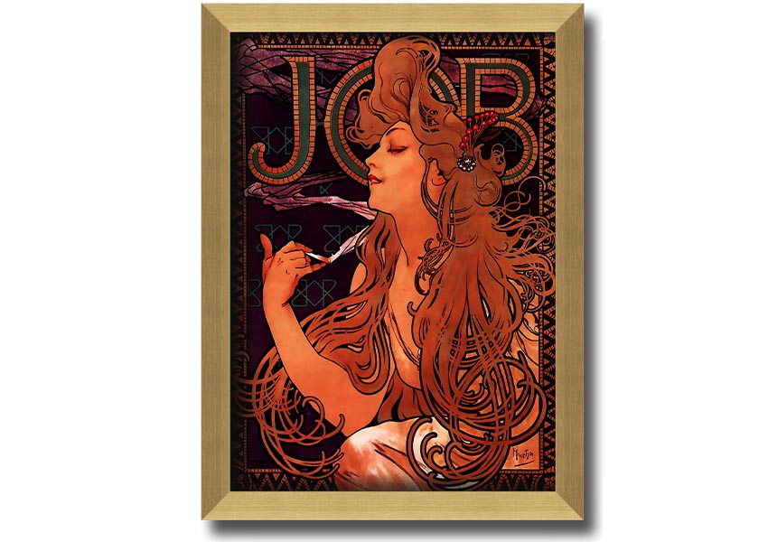 Framed print of Alphonse Mucha's Job artwork, showcasing intricate details and vibrant colors, available in various frame colors.