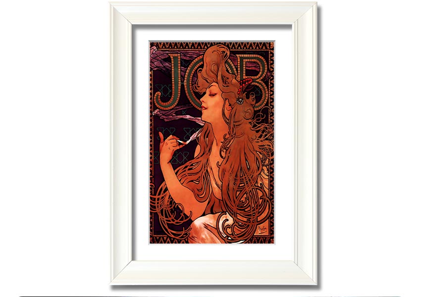 Framed print of Alphonse Mucha's Job artwork, showcasing intricate details and vibrant colors, available in various frame colors.