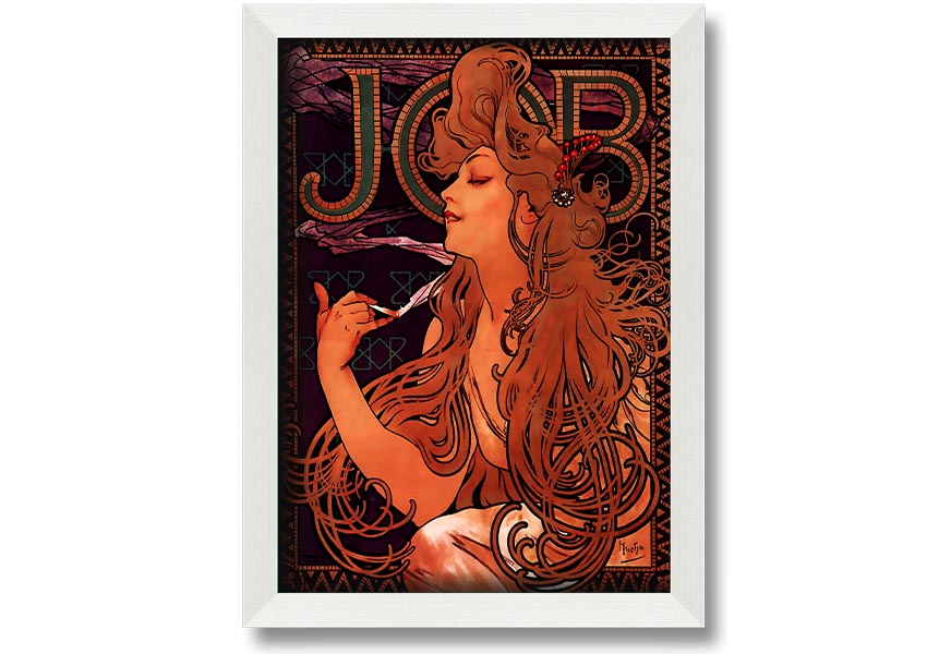 Framed print of Alphonse Mucha's Job artwork, showcasing intricate details and vibrant colors, available in various frame colors.