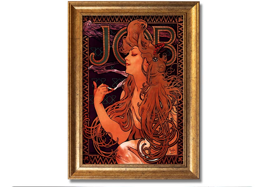 Framed print of Alphonse Mucha's Job artwork, showcasing intricate details and vibrant colors, available in various frame colors.