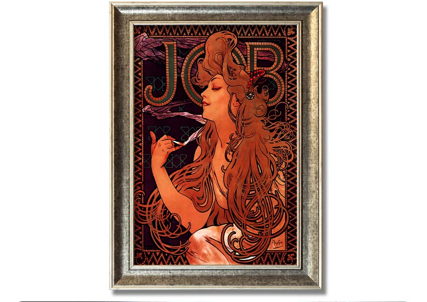 Framed print of Alphonse Mucha's Job artwork, showcasing intricate details and vibrant colors, available in various frame colors.