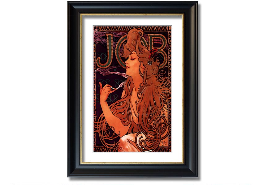 Framed print of Alphonse Mucha's Job artwork, showcasing intricate details and vibrant colors, available in various frame colors.