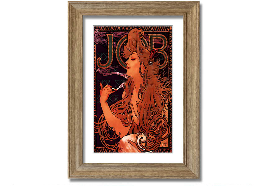 Framed print of Alphonse Mucha's Job artwork, showcasing intricate details and vibrant colors, available in various frame colors.