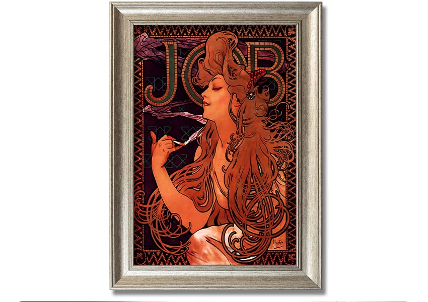 Framed print of Alphonse Mucha's Job artwork, showcasing intricate details and vibrant colors, available in various frame colors.