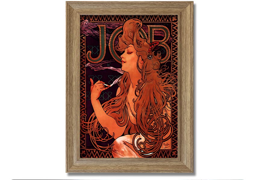 Framed print of Alphonse Mucha's Job artwork, showcasing intricate details and vibrant colors, available in various frame colors.