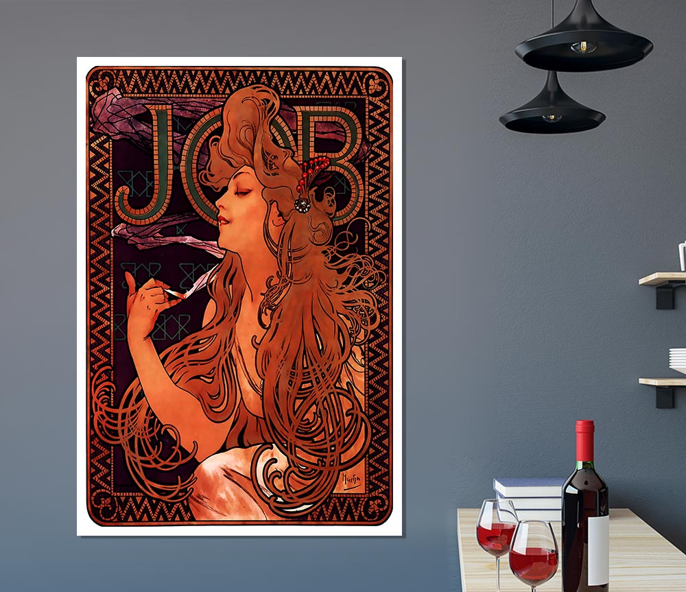 Alphonse Mucha Job poster printed on high-quality canvas, featuring intricate designs and vibrant colors.