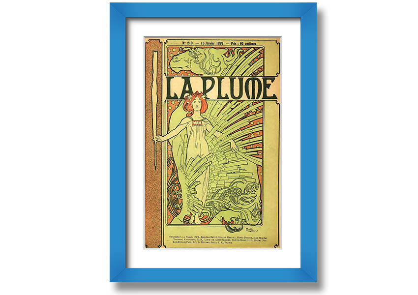 Framed print of Alphonse Mucha's La Plume artwork, showcasing intricate details and vibrant colors, available in various frame colors.