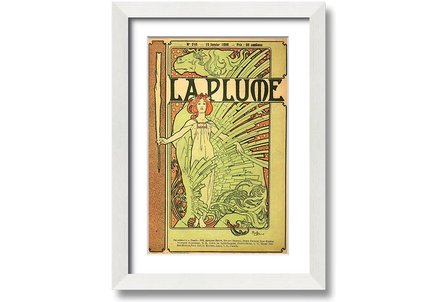 Framed print of Alphonse Mucha's La Plume artwork, showcasing intricate details and vibrant colors, available in various frame colors.