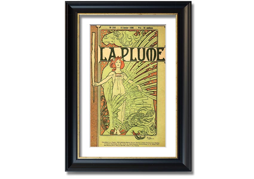 Framed print of Alphonse Mucha's La Plume artwork, showcasing intricate details and vibrant colors, available in various frame colors.