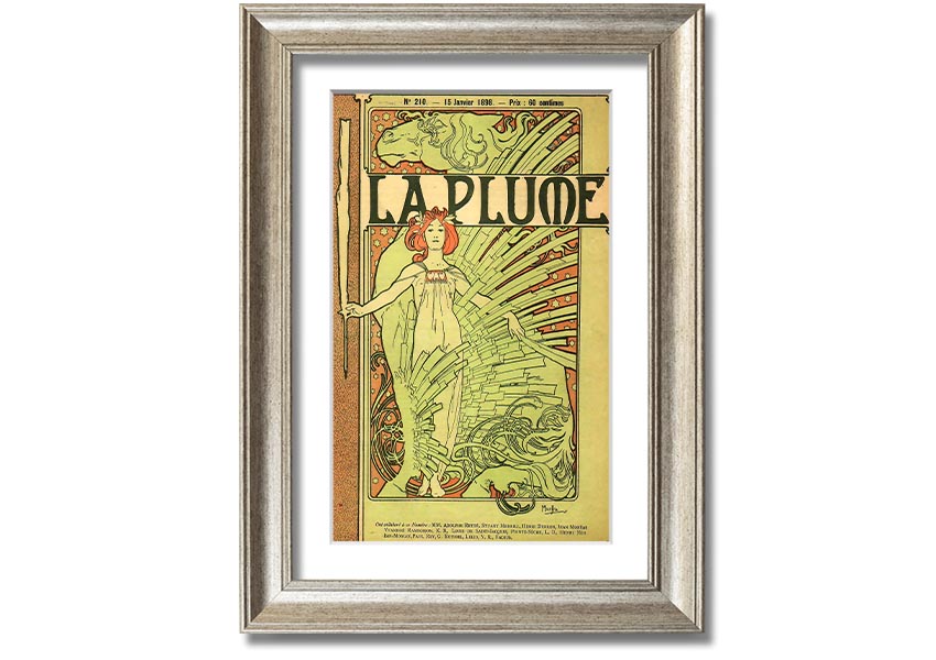 Framed print of Alphonse Mucha's La Plume artwork, showcasing intricate details and vibrant colors, available in various frame colors.