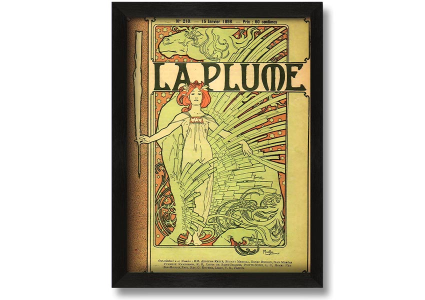 Framed print of Alphonse Mucha's La Plume artwork, showcasing intricate details and vibrant colors, available in various frame colors.