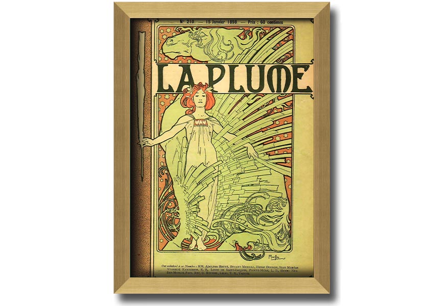 Framed print of Alphonse Mucha's La Plume artwork, showcasing intricate details and vibrant colors, available in various frame colors.