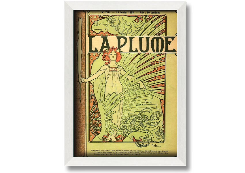 Framed print of Alphonse Mucha's La Plume artwork, showcasing intricate details and vibrant colors, available in various frame colors.