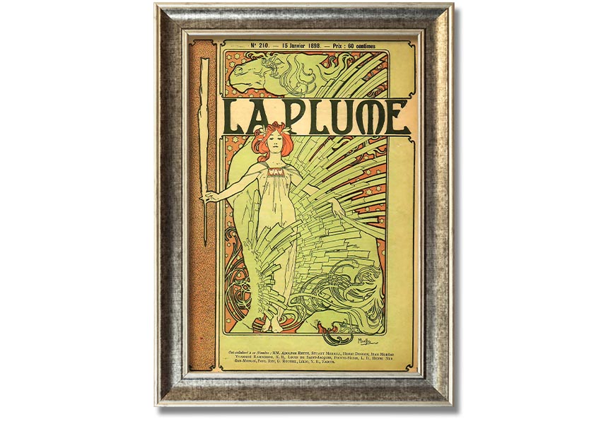 Framed print of Alphonse Mucha's La Plume artwork, showcasing intricate details and vibrant colors, available in various frame colors.