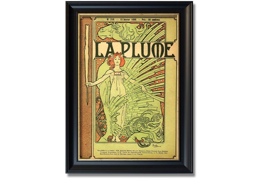 Framed print of Alphonse Mucha's La Plume artwork, showcasing intricate details and vibrant colors, available in various frame colors.