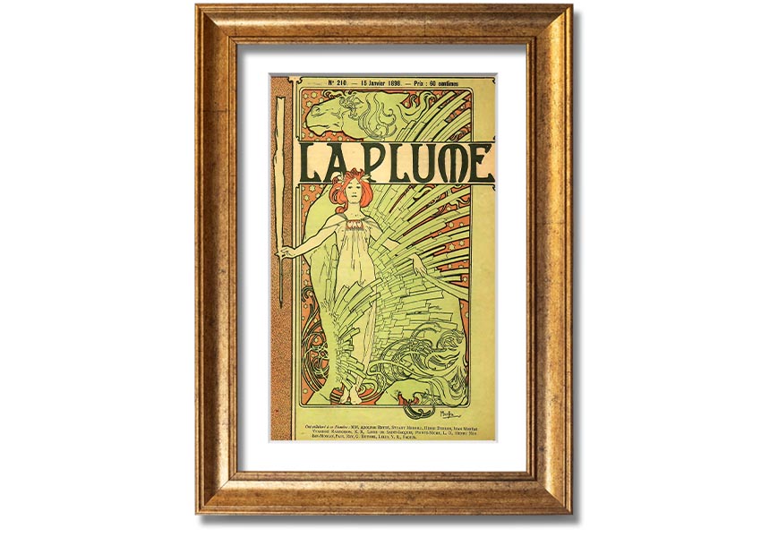 Framed print of Alphonse Mucha's La Plume artwork, showcasing intricate details and vibrant colors, available in various frame colors.