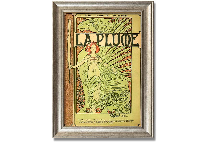 Framed print of Alphonse Mucha's La Plume artwork, showcasing intricate details and vibrant colors, available in various frame colors.