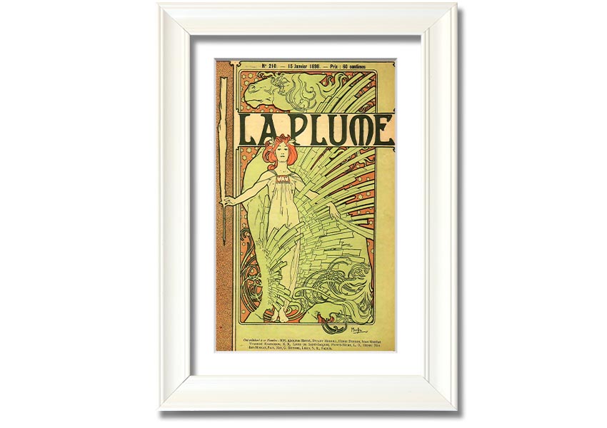 Framed print of Alphonse Mucha's La Plume artwork, showcasing intricate details and vibrant colors, available in various frame colors.