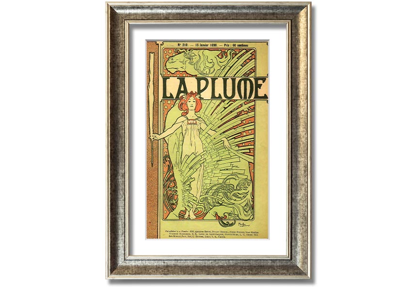 Framed print of Alphonse Mucha's La Plume artwork, showcasing intricate details and vibrant colors, available in various frame colors.