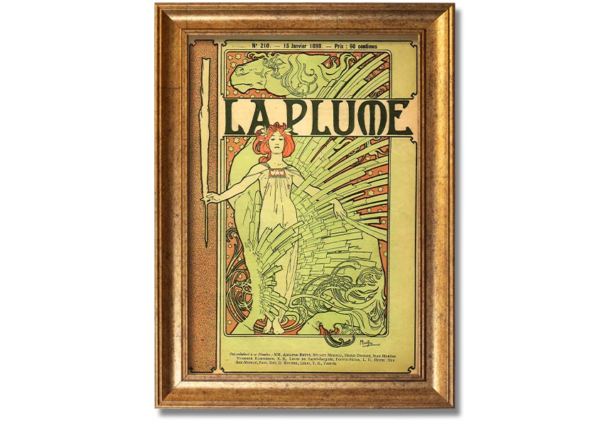 Framed print of Alphonse Mucha's La Plume artwork, showcasing intricate details and vibrant colors, available in various frame colors.