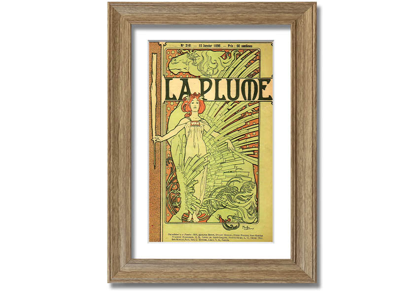 Framed print of Alphonse Mucha's La Plume artwork, showcasing intricate details and vibrant colors, available in various frame colors.