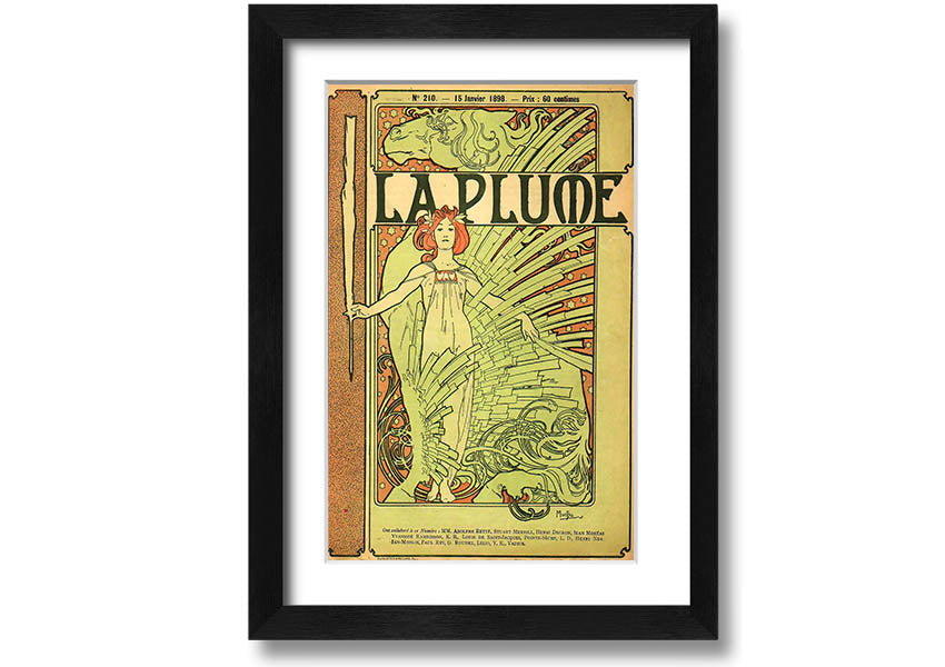 Framed print of Alphonse Mucha's La Plume artwork, showcasing intricate details and vibrant colors, available in various frame colors.