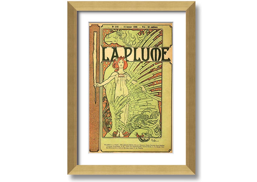 Framed print of Alphonse Mucha's La Plume artwork, showcasing intricate details and vibrant colors, available in various frame colors.