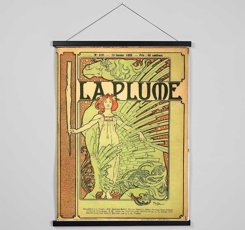 Alphonse Mucha La Plume wooden poster hanger showcasing a print with magnetic fastening in a stylish interior setting.