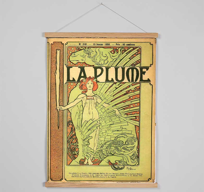 Alphonse Mucha La Plume wooden poster hanger showcasing a print with magnetic fastening in a stylish interior setting.