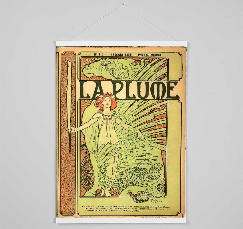 Alphonse Mucha La Plume wooden poster hanger showcasing a print with magnetic fastening in a stylish interior setting.