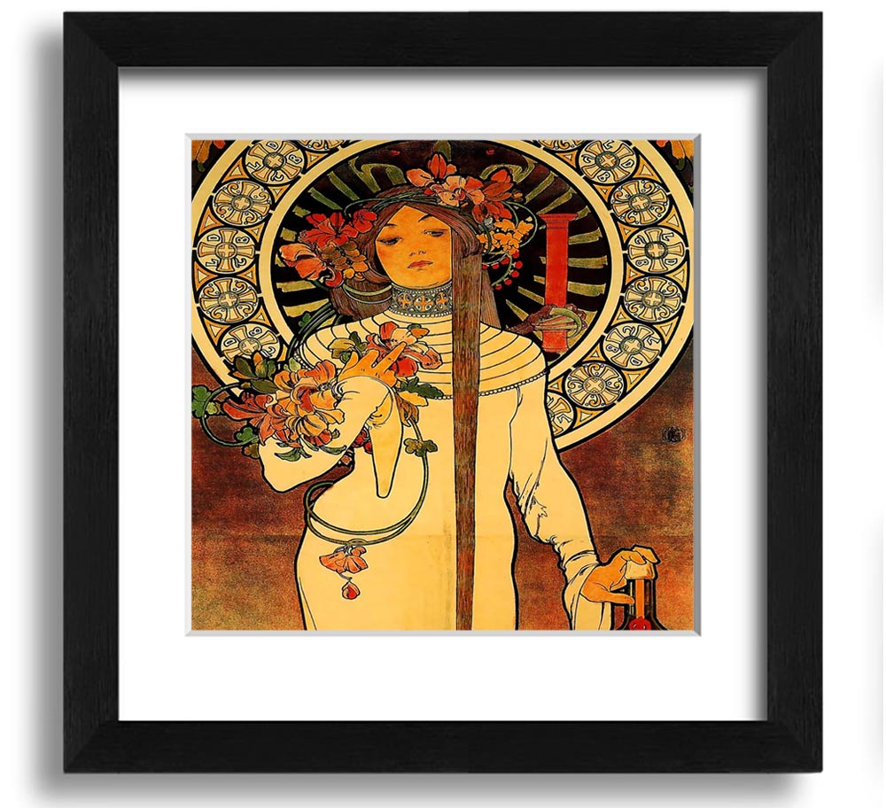 Alphonse Mucha La Trappistine Square Framed Print showcasing intricate details and vibrant colors, framed elegantly.