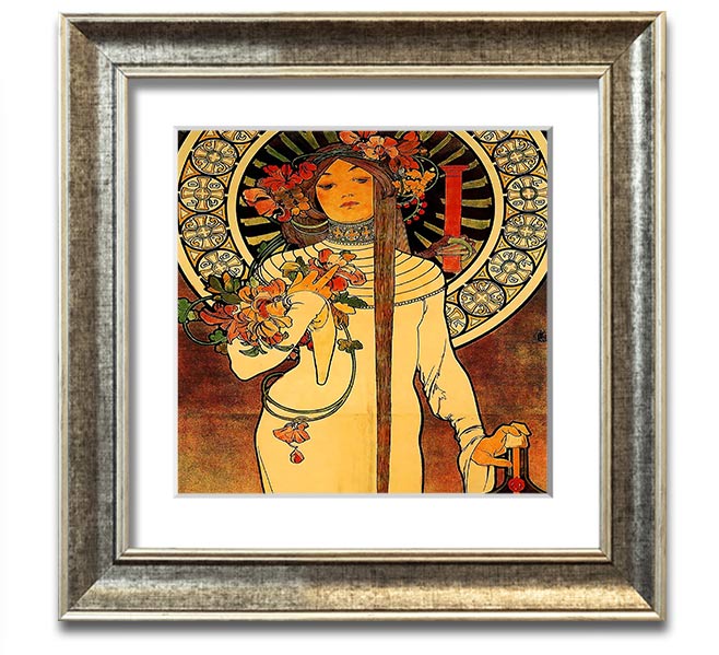 Alphonse Mucha La Trappistine Square Framed Print showcasing intricate details and vibrant colors, framed elegantly.