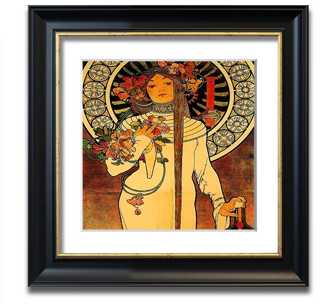 Alphonse Mucha La Trappistine Square Framed Print showcasing intricate details and vibrant colors, framed elegantly.