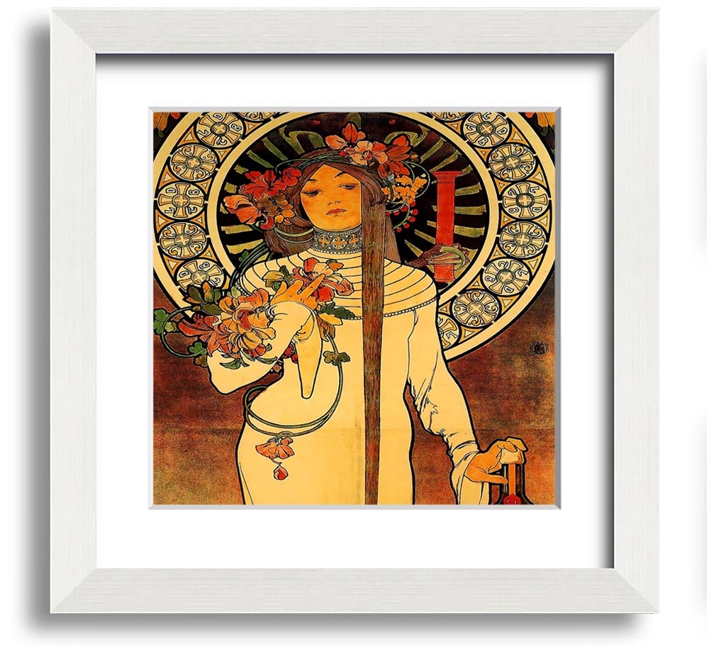 Alphonse Mucha La Trappistine Square Framed Print showcasing intricate details and vibrant colors, framed elegantly.