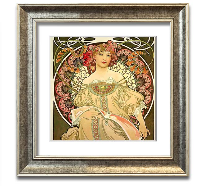 Alphonse Mucha Obraz Square Framed Print showcasing intricate designs and vibrant colors, ready to hang.