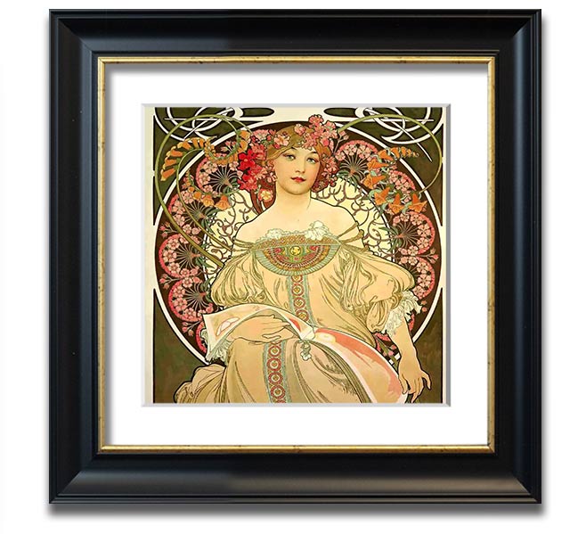 Alphonse Mucha Obraz Square Framed Print showcasing intricate designs and vibrant colors, ready to hang.