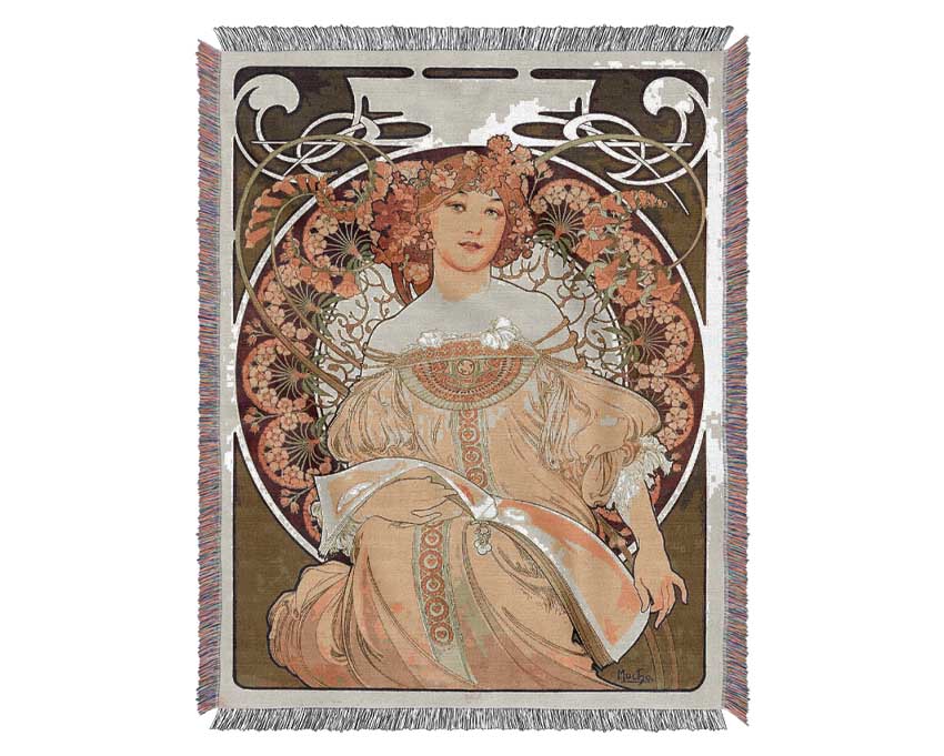 Alphonse Mucha Obraz throw blanket made of 100% cotton with intricate designs, perfect for adding elegance to any room.