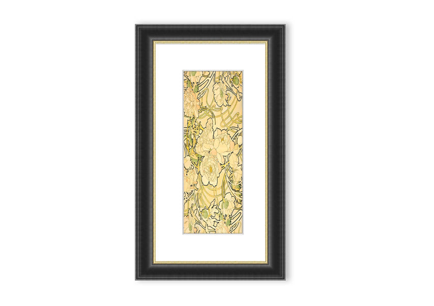 Framed print of Alphonse Mucha's Peonies artwork, showcasing vibrant floral designs in a decorative frame.