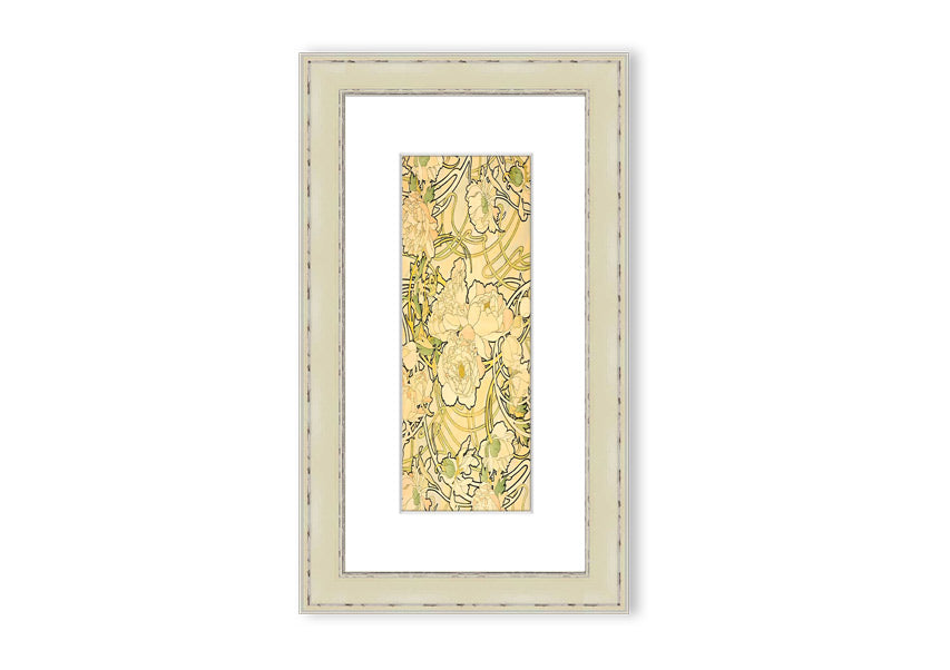 Framed print of Alphonse Mucha's Peonies artwork, showcasing vibrant floral designs in a decorative frame.