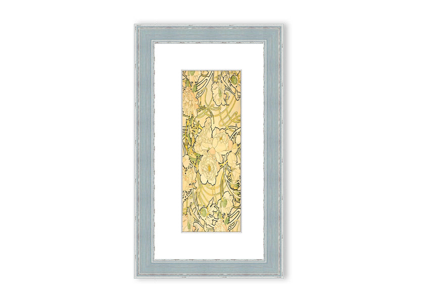 Framed print of Alphonse Mucha's Peonies artwork, showcasing vibrant floral designs in a decorative frame.