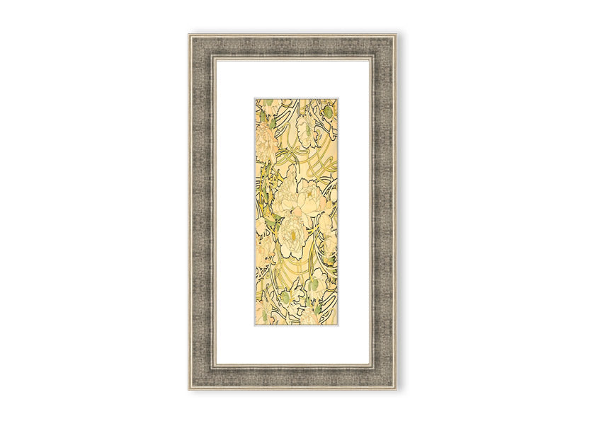 Framed print of Alphonse Mucha's Peonies artwork, showcasing vibrant floral designs in a decorative frame.