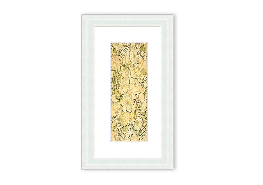 Framed print of Alphonse Mucha's Peonies artwork, showcasing vibrant floral designs in a decorative frame.