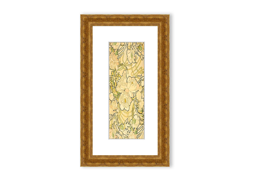 Framed print of Alphonse Mucha's Peonies artwork, showcasing vibrant floral designs in a decorative frame.