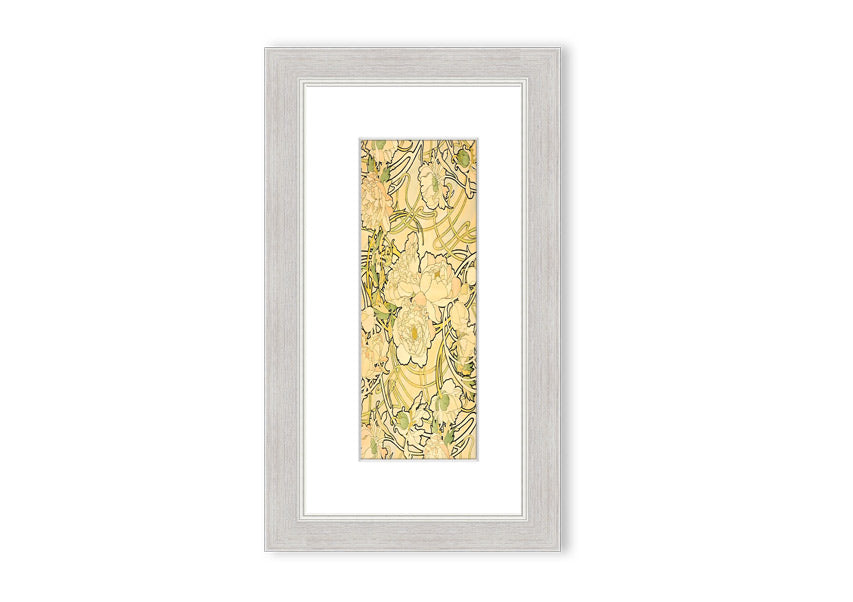 Framed print of Alphonse Mucha's Peonies artwork, showcasing vibrant floral designs in a decorative frame.