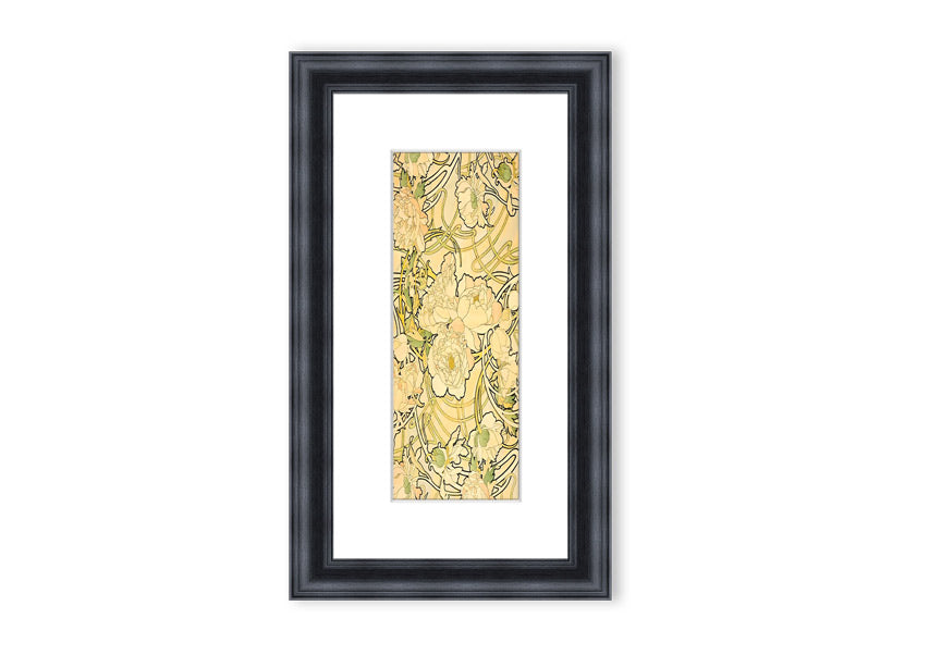 Framed print of Alphonse Mucha's Peonies artwork, showcasing vibrant floral designs in a decorative frame.