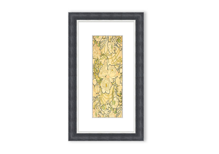 Framed print of Alphonse Mucha's Peonies artwork, showcasing vibrant floral designs in a decorative frame.