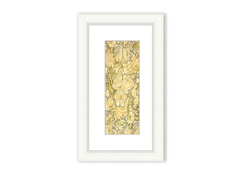 Framed print of Alphonse Mucha's Peonies artwork, showcasing vibrant floral designs in a decorative frame.